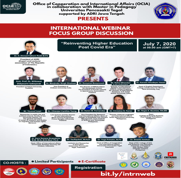 INTERNATIONAL WEBINAR FOCUS GROUP DISCUSSION FROM OFFICE OF COOPERATION AND INTERNATIONAL AFFAIRS (OCIA) IN COLLABORATION WITH MASTER IN PEDAGOGY UNIVERSITAS PANCASAKTI TEGAL SUPPORTED BY ADRI JAWA TENGAH